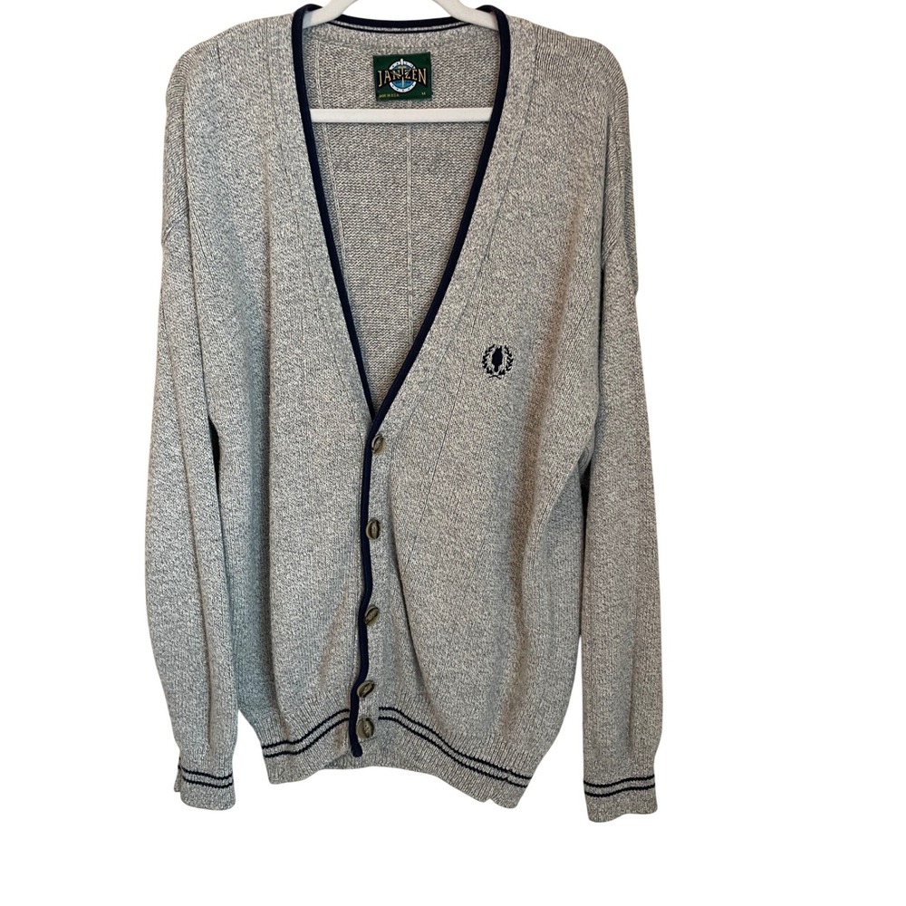 Jantzen Vtg 90s Cardigan Sweater Gray Navy Trim Made USA‎ Size M Grandpacore